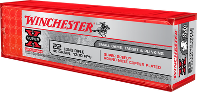 Winchester Super-X 22 LR 40 Grain Super Speed HV Rimfire Ammunition Round Nose Copper 100 Rd/Bx Winchester Super-X 22 LR 40 Grain Super Speed HV Rimfire Ammunition Round Nose Copper 100 Rd/Bx