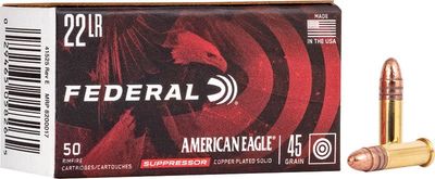 Federal American Eagle Suppressor 22 LR 45 Grain Copper Plated Solid Federal American Eagle Suppressor 22 LR 45 Grain Copper Plated Solid