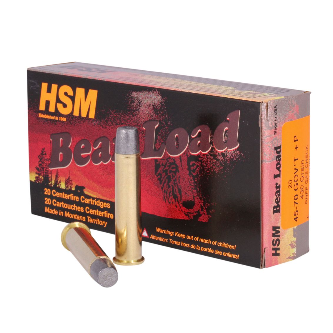 HSM Ammunition 45-70 govt 430 Grain Round Nose Flat Point Gas Check Bear Load