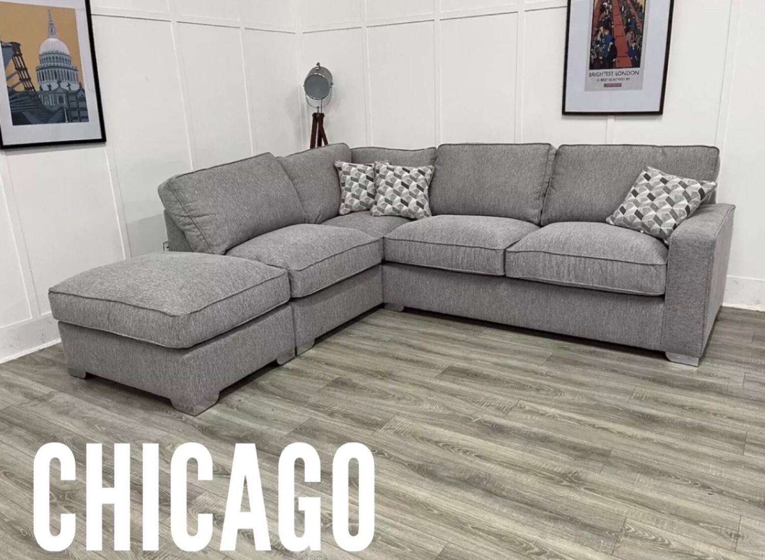 Chicago LHF Corner Sofa & Footstool In Silver Fabric