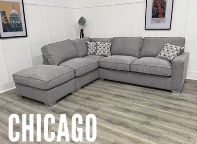 Chicago LHF Corner Sofa & Footstool In Silver Fabric