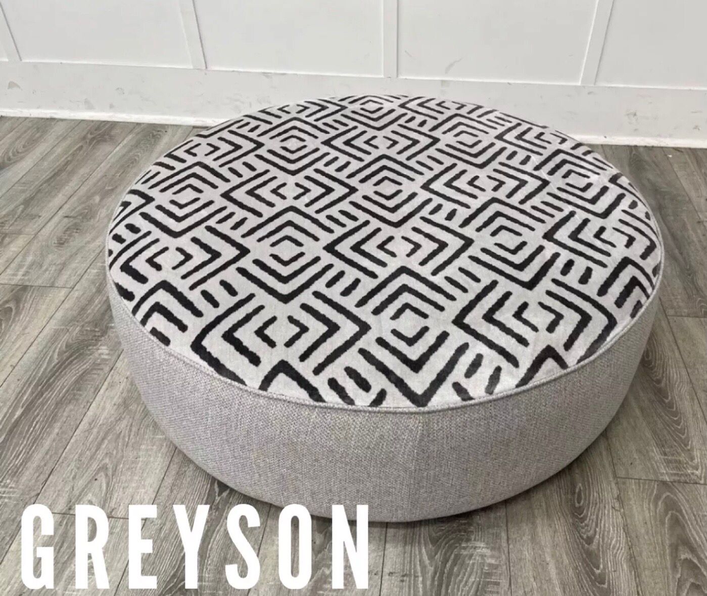 Famous Store Greyson Grey Patterned Fabric Round Footstool