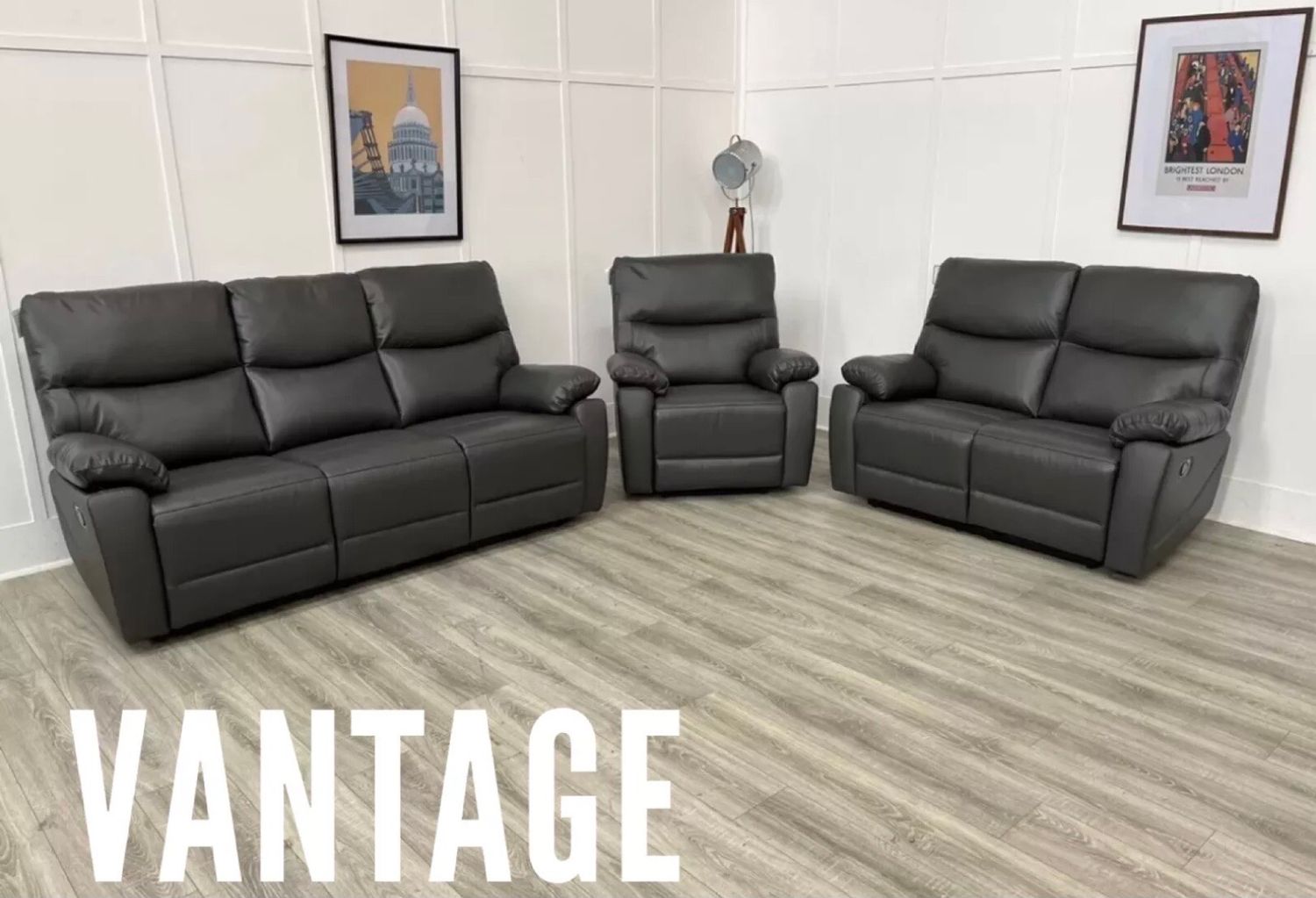 Vantage 3 Seat & 2 Seat & Armchair Manual Reclining Suite In Grey Leather