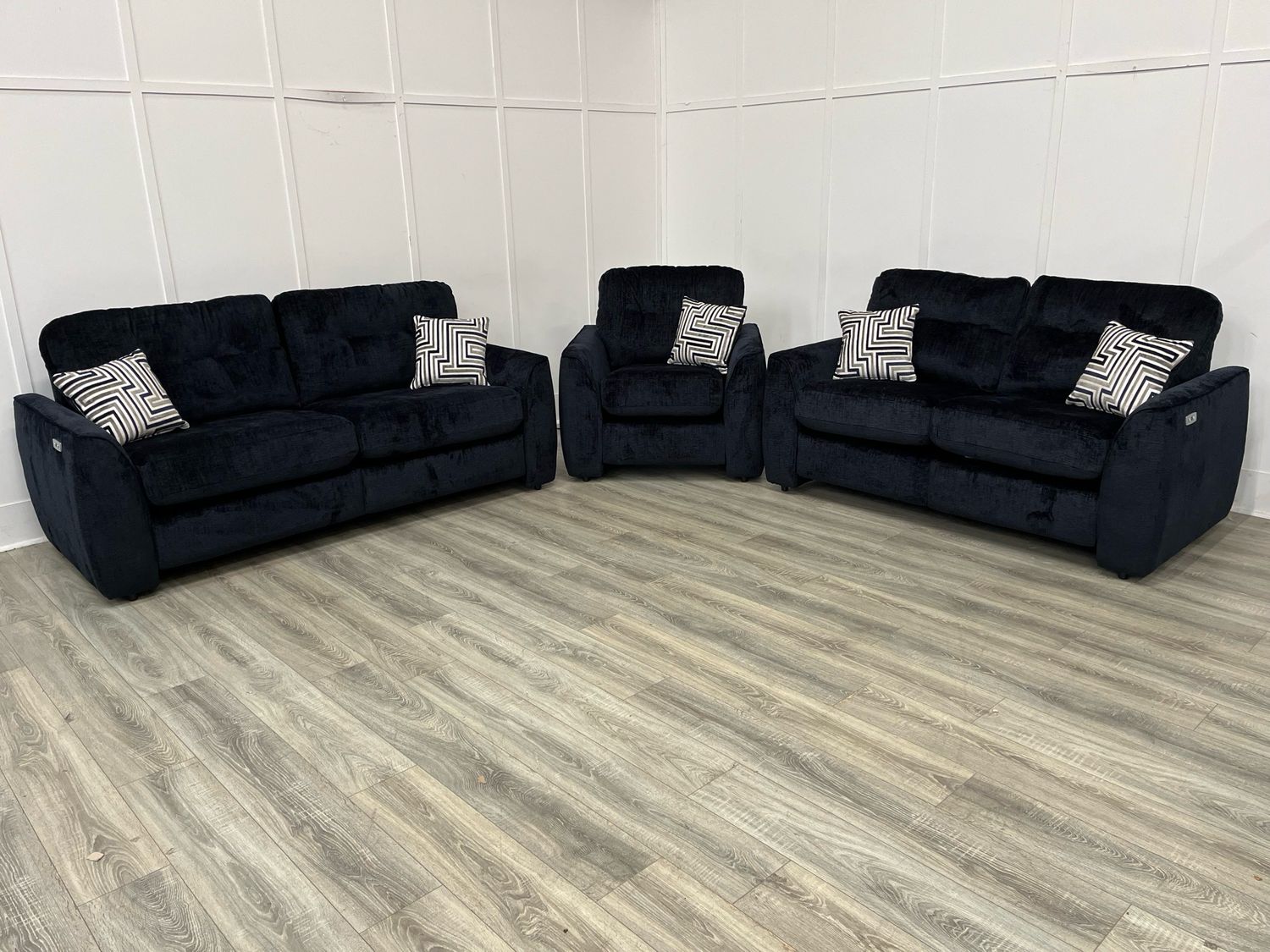 Finley 3 & 2 Seat Sofas & Armchair Inclining Suite In Indigo Fabric