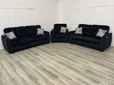 Finley 3 & 2 Seat Sofas & Armchair Inclining Suite In Indigo Fabric
