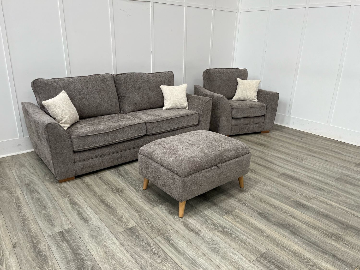 Ashford 3 Seat Sofa & Armchair & Storage Stool In Taupe Fabric