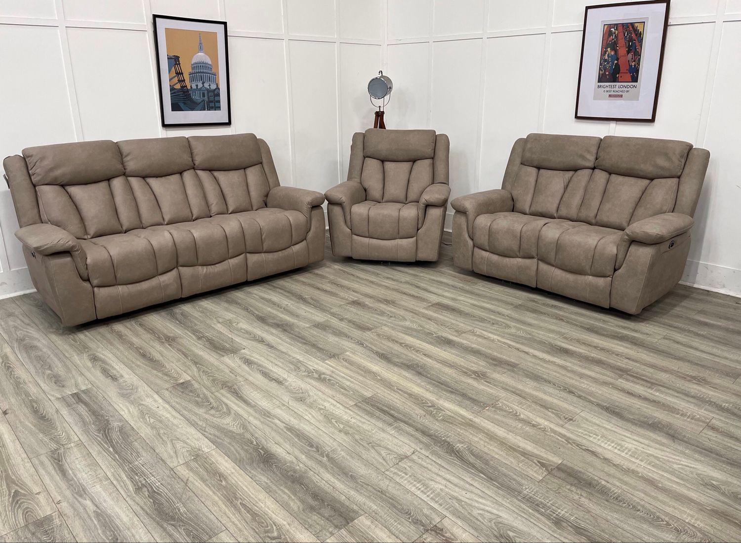 Santino 3 & 2 Seat Sofas & Armchair Power Reclining Suite In Sandstone Fabric