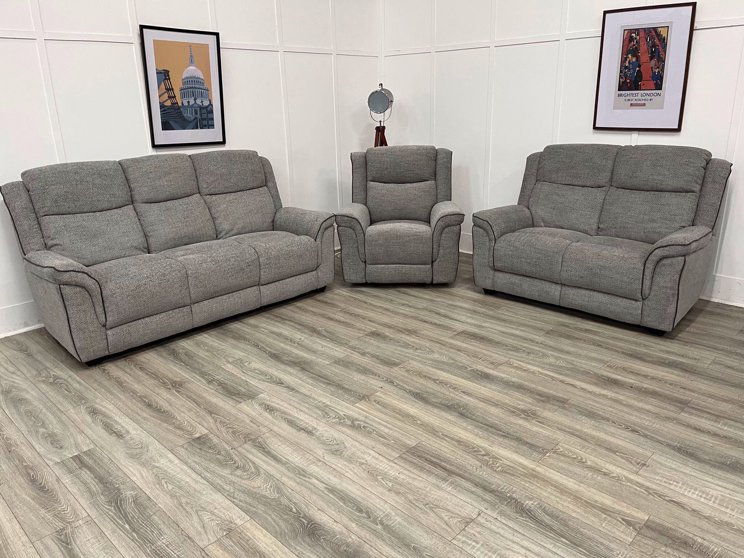 Spencer 3 & 2 Seat Sofas & Reclining Armchair In Grey Fabric