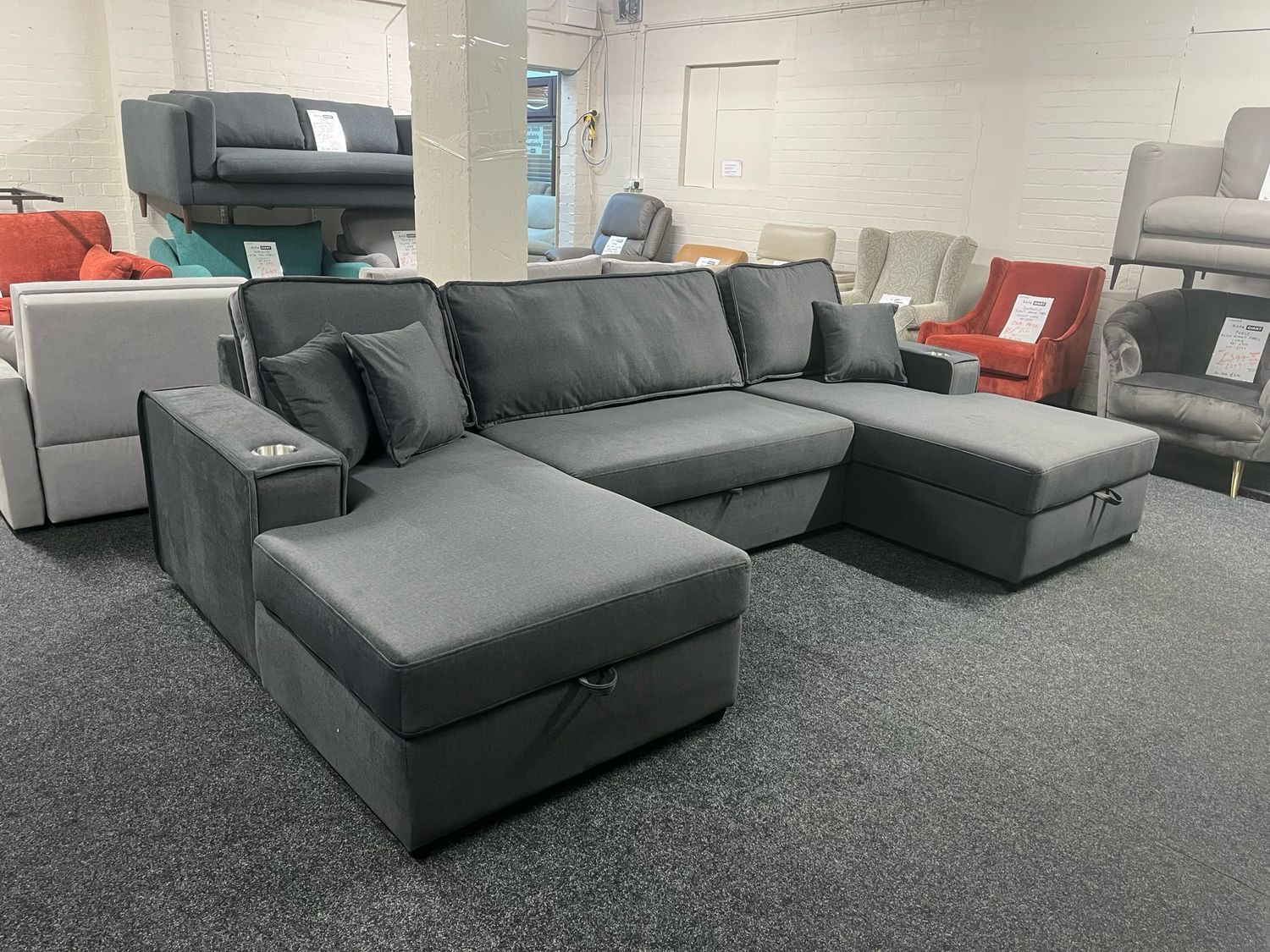 Monza U Shape Sofa Bed With Storage In Grey Fabric