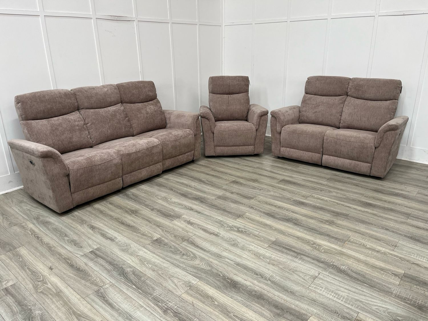 Maude 3 & 2 Power Reclining Sofa & Armchair In Beige Fabric