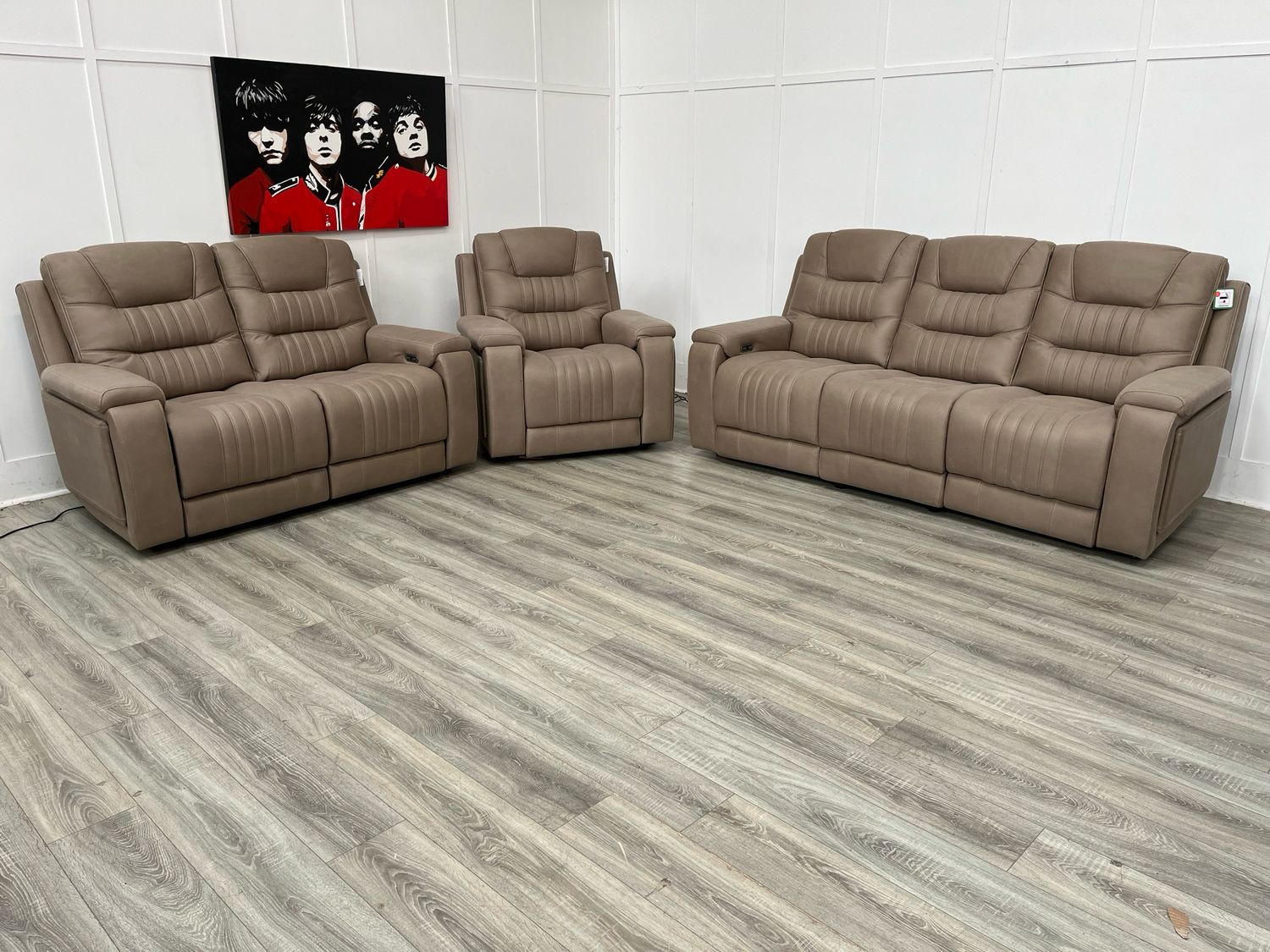 Sloane 3 & 2 Seat Sofas & Armchair Power Reclining Suite In Stone Fabric