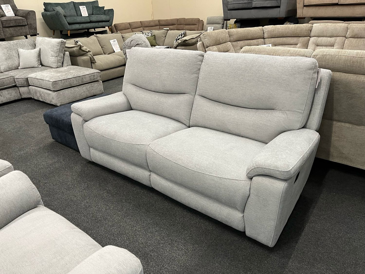 Famous Store Burley 3 Seat Manual Sofa & 2 Power Armchairs & Storage Stool In Grey Fabric