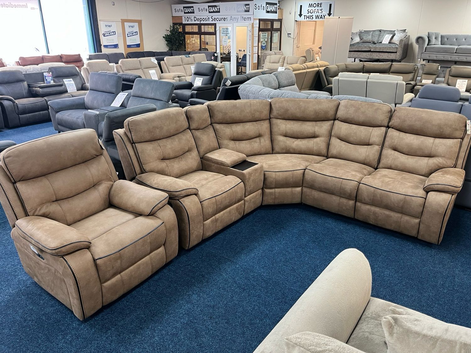 Gabrielle Brown Fabric, 2 x Manual Reclining Corner Sofa + Wireless Charging Console & Power Reclining Chair Gabrielle Brown Fabric, 2 x Manual Reclining Corner Sofa + Wireless Charging Console & Power Reclining Chair