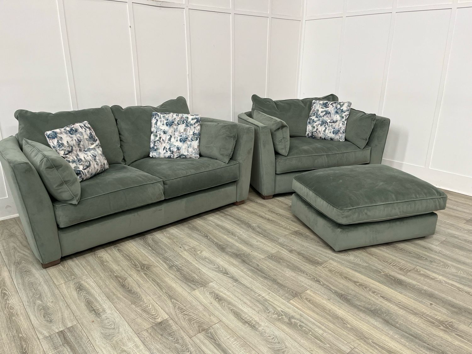 Collins & Hayes Maple 2 Seat Sofa & Snuggle Armchair & Footstool In Green Fabric Collins & Hayes Maple 2 Seat Sofa & Snuggle Armchair & Footstool In Green Fabric