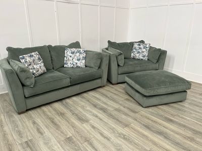 Collins & Hayes Maple 2 Seat Sofa & Snuggle Armchair & Footstool In Green Fabric