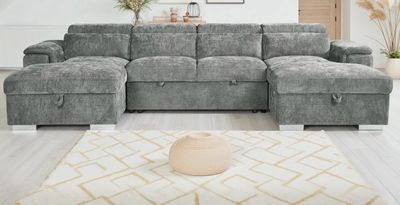 Arena U Shaped Corner Chaise Sofa Bed In Grey Fabric