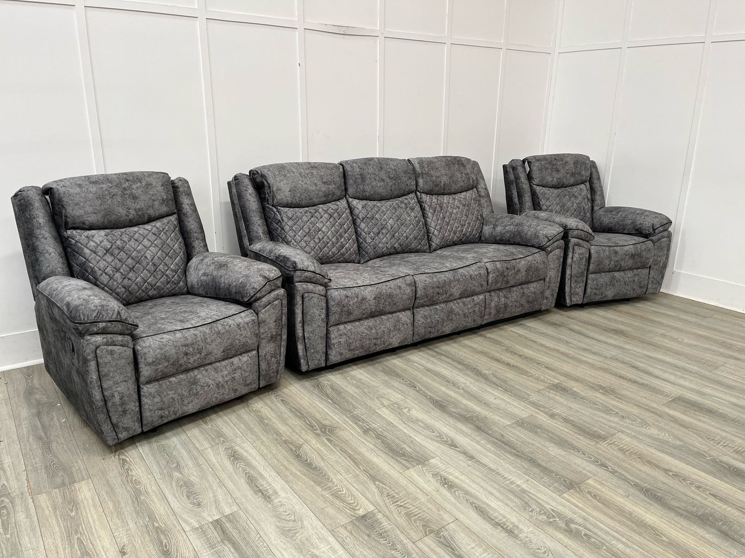 Normandy 3 Seat Sofa & 2 Armchairs Manual Reclining Suite In Silver Fabric (Special)