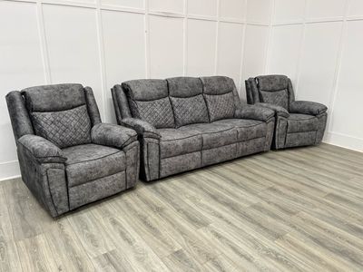 Normandy 3 Seat Sofa & 2 Armchairs Manual Reclining Suite In Silver Fabric (Special)