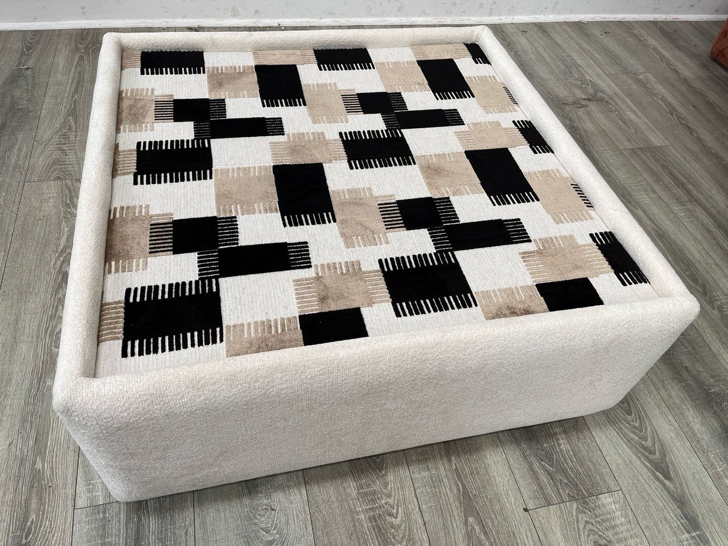 Natural & Square Patterned Fabric Large Footstool