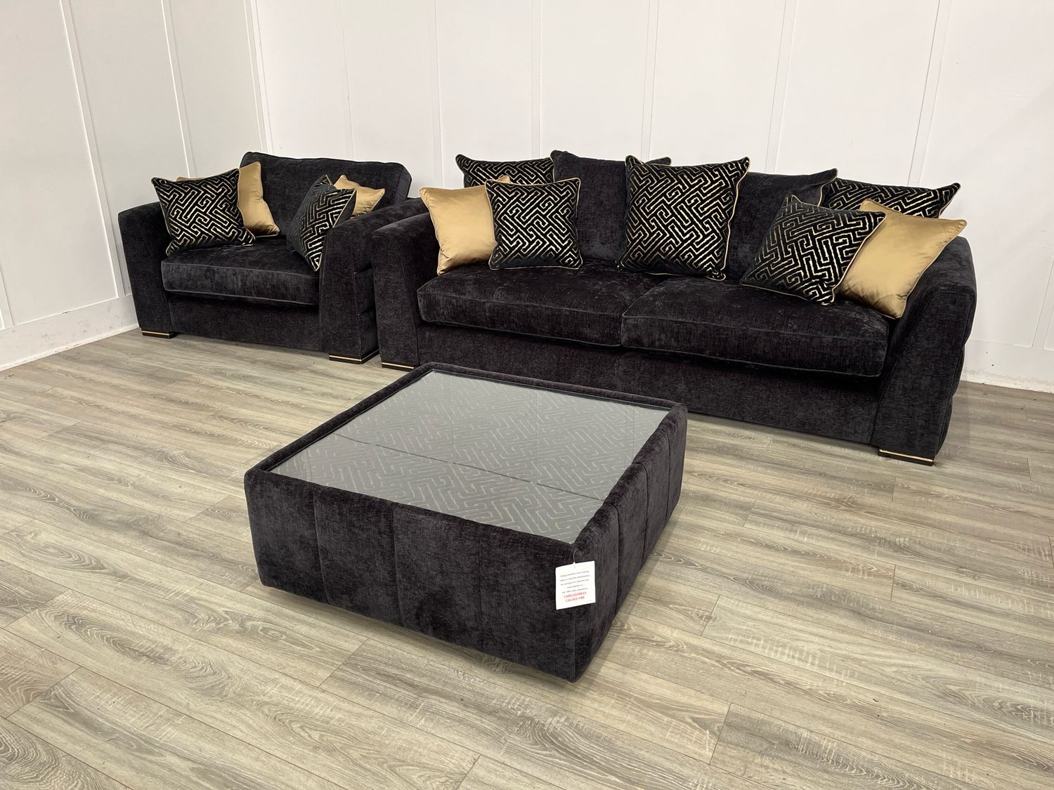 Bellissimo 4 Seat Sofa & Snuggler Chair & Table Stool In Black Fabric