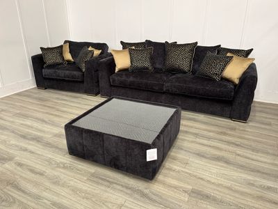 Bellissimo 4 Seat Sofa & Snuggler Chair & Table Stool In Black Fabric