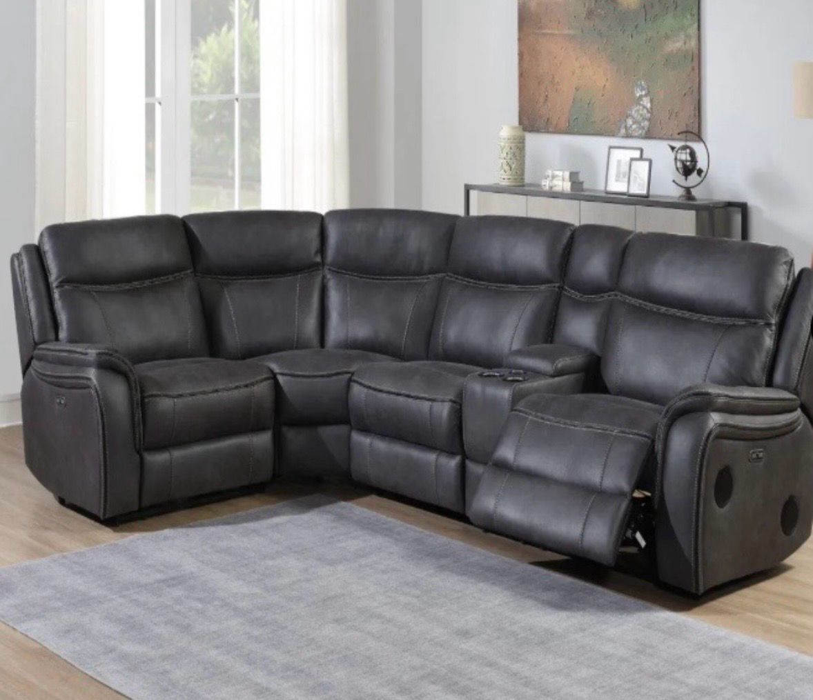 Phoenix Power Reclining Corner Sofa & Tech Media Console In Grey Fabric