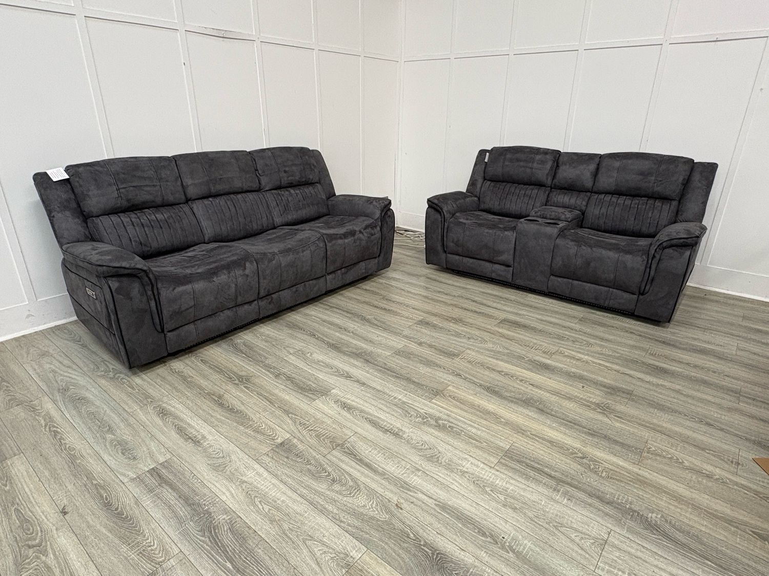 Knightsbridge 3 & 2 Seat Power Reclining Sofas In Dark Grey Fabric Knightsbridge 3 & 2 Seat Power Reclining Sofas In Dark Grey Fabric