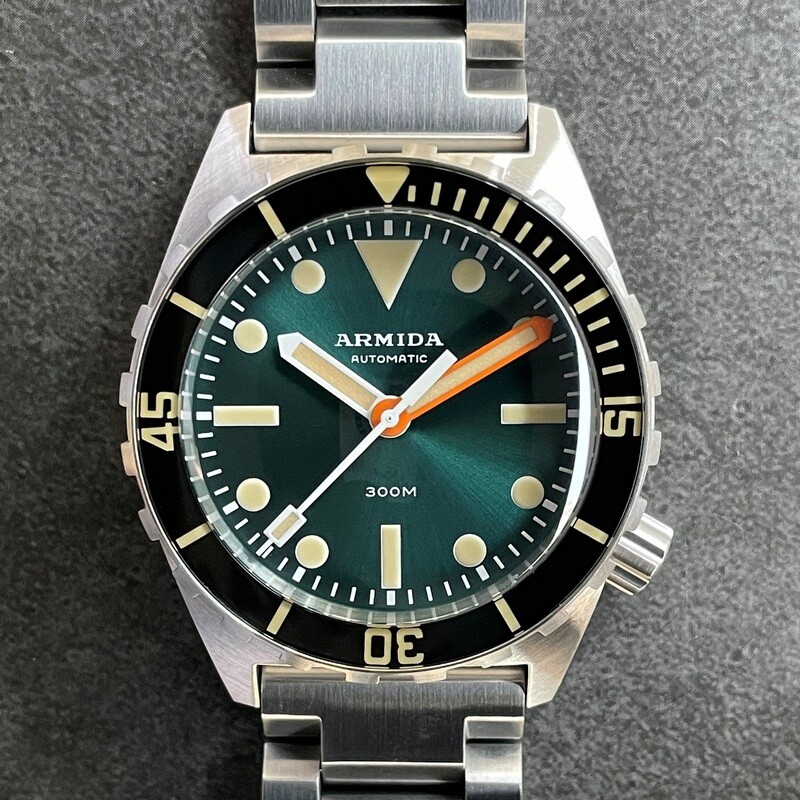 Armida A1 38mm steel teal sunray dial orange minute sapphire bezel