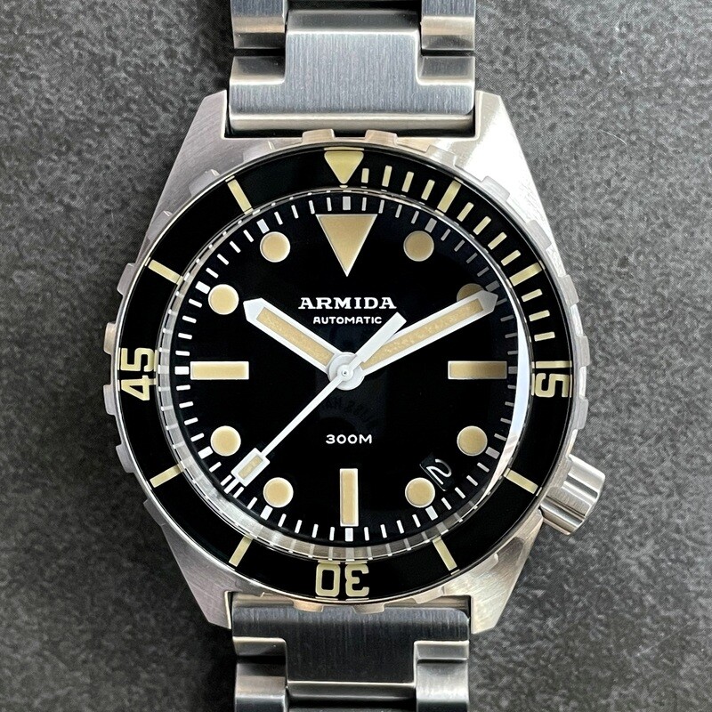 Armida A1 38mm steel black dial white hands sapphire bezel DATE
