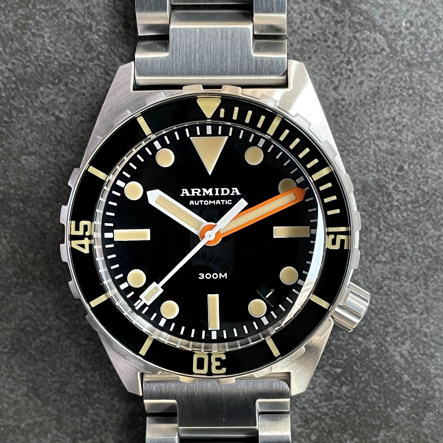 Armida A1 38mm steel black dial orange minute sapphire bezel DATE