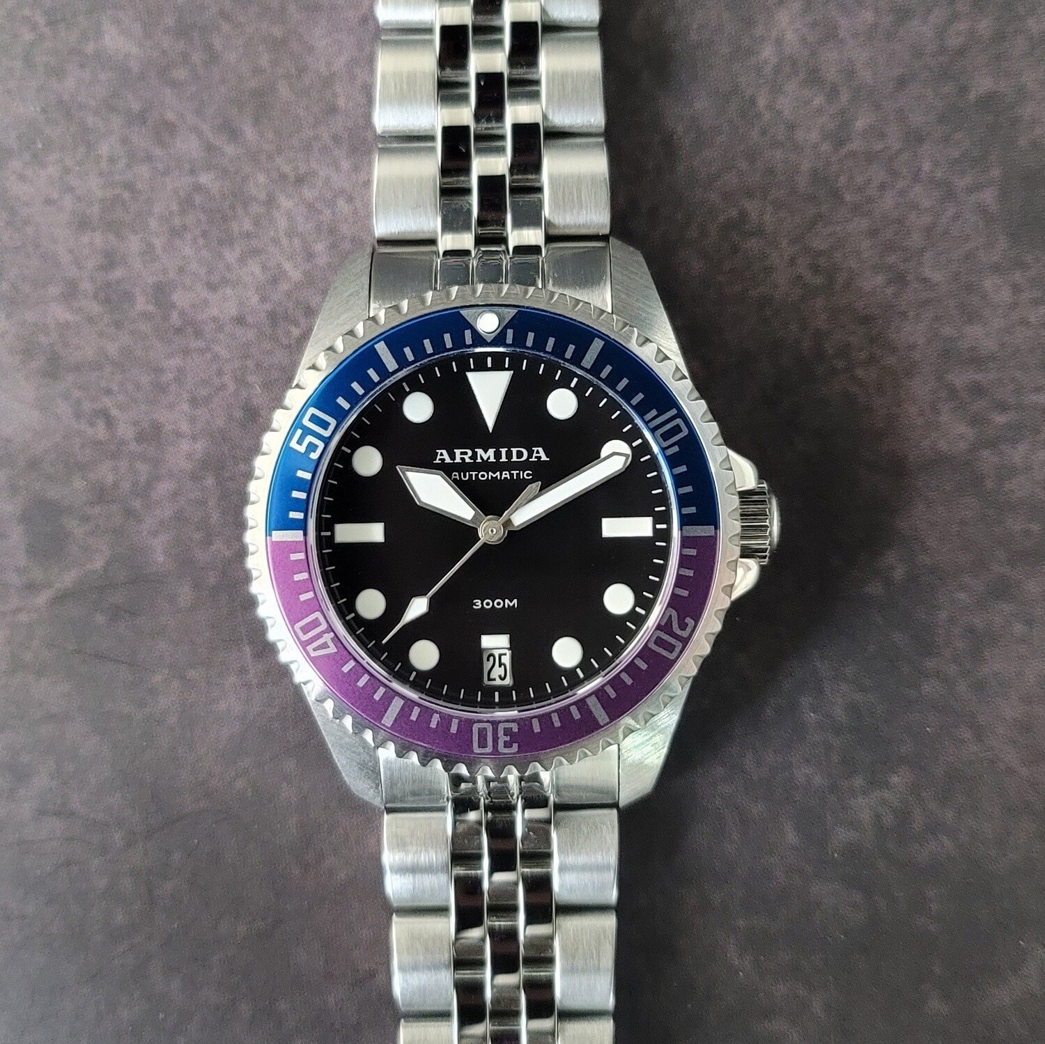 Armida A11 black dial date fuchsia/blue bezel