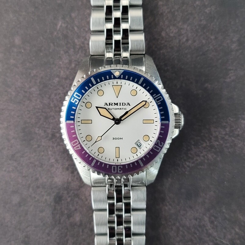 Armida A11 white dial fuchsia/blue full minute bezel