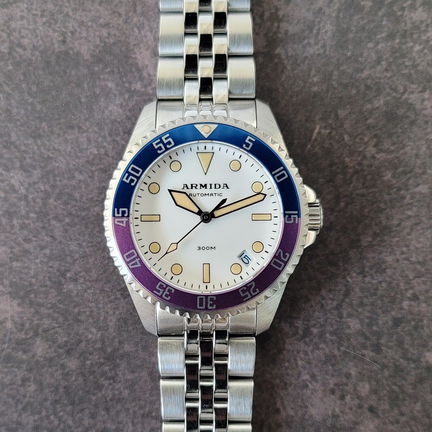 Armida A11 white dial fuchsia/blue bezel
