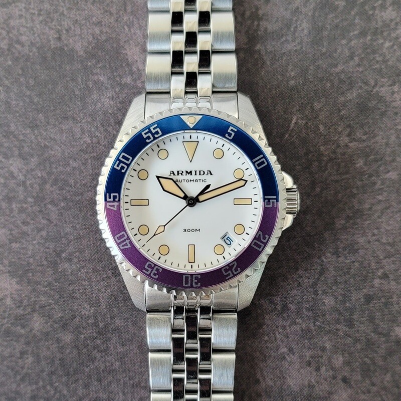 Armida A11 white dial fuchsia/blue bezel