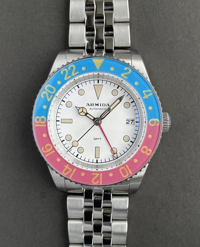 Armida A9 GMT  white faded blue/red bezel