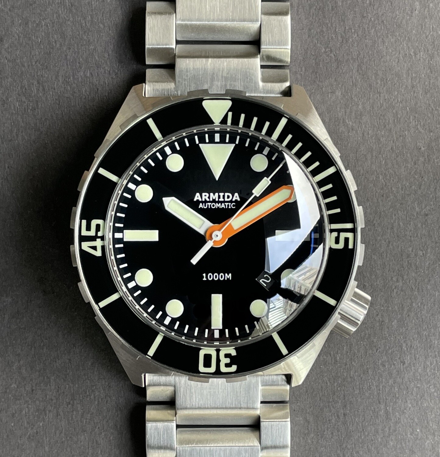 Armida A1 45mm steel black dial orange minute ETA