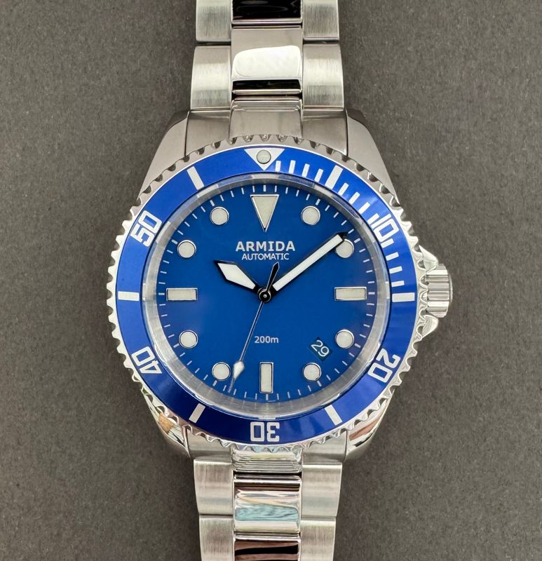 Armida A2 blue dial NH35 polished case crystal back