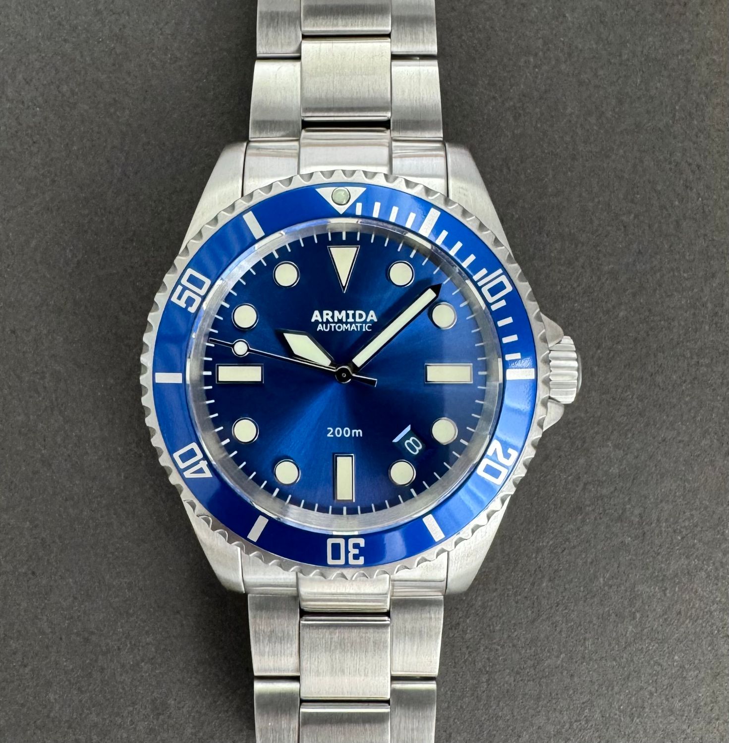 Armida A2 blue sunray dial NH35 brushed case crystal back