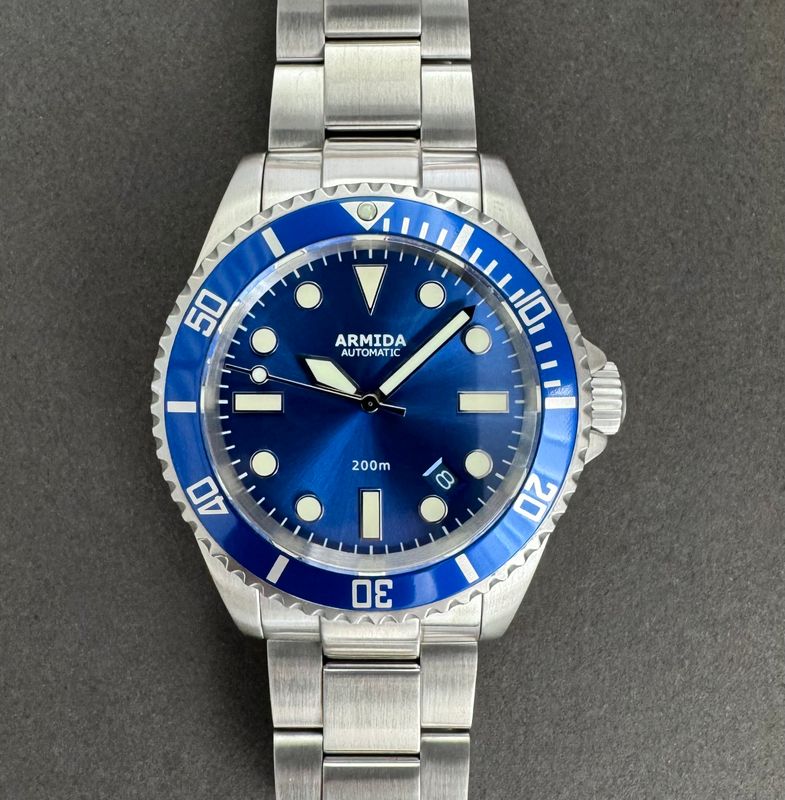 Armida A2 blue sunray dial NH35 brushed case crystal back
