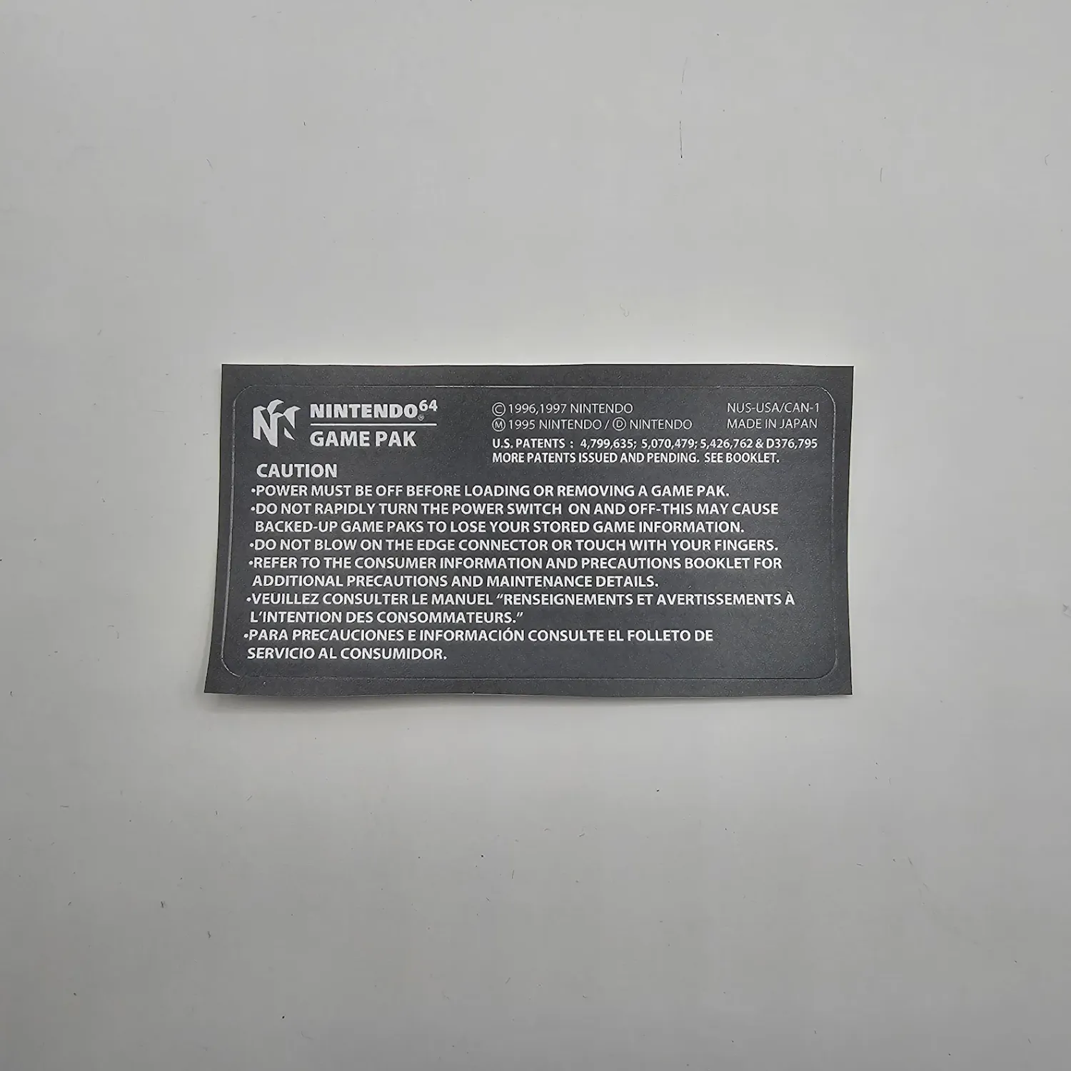 Nintendo 64 Back Cartridge Label