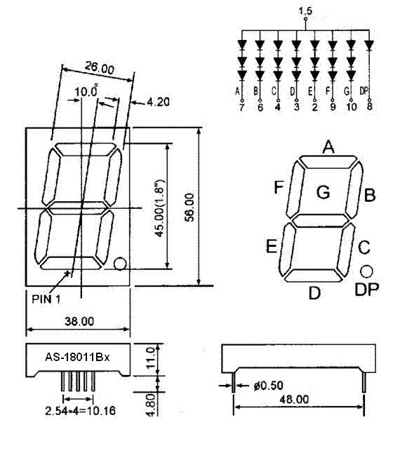 7-Segment LED Display, Red, AS-18011BMR-B, Common Anode