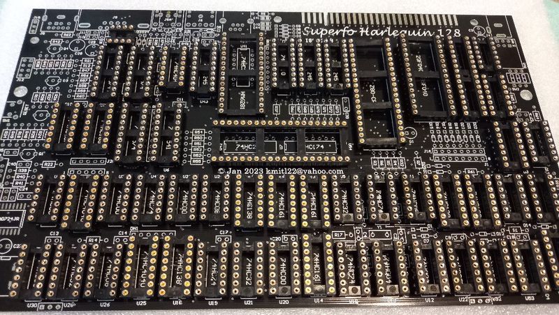 Harlequin 128 PCB Board, version 4B, with a set of precision sockets