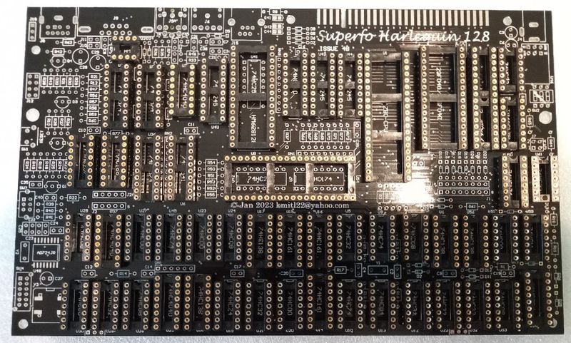 Harlequin 128 PCB Board, version 4B, with a set of precision sockets
