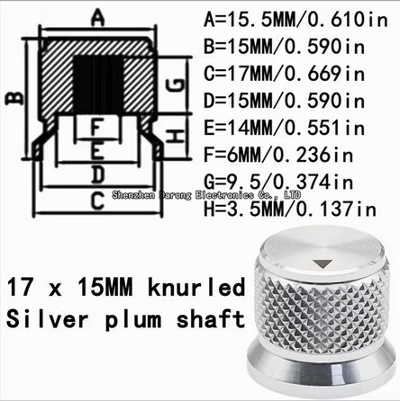 Pokrętło aluminiowe srebrne, średnica 15mm, wysokość 17mm