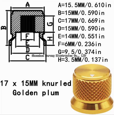 Pokrętło aluminiowe złote, średnica 15mm, wysokość 17mm
