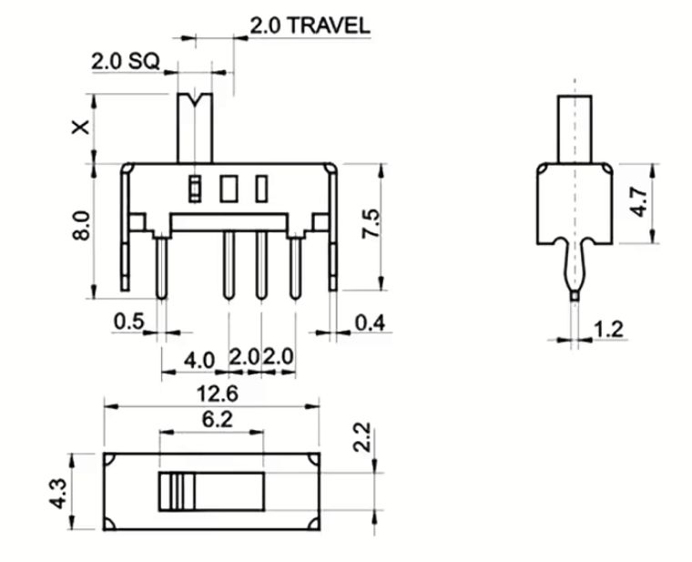 Switch SS-13D07, for PCB, pitch 2mm and 4mm, lever height 5mm