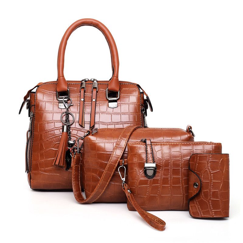 Women&amp;#039;s Bag 2023 New Urban Simple Fashion Trendy Shoulder Crossbody Portable Crocodile Pattern Mother Bag Four-Piece Set Women&amp;#039;s Bag, Color: Light brown