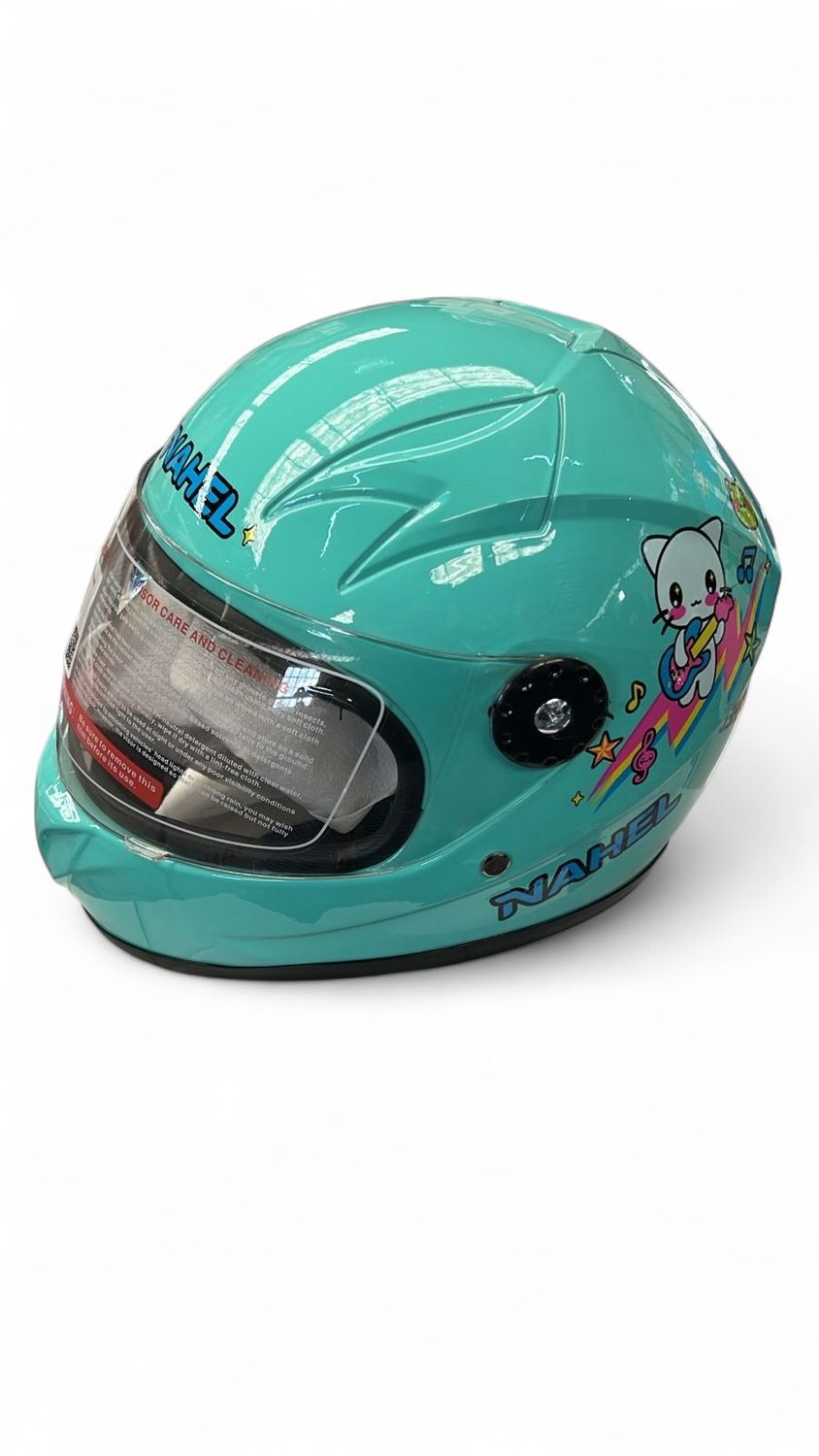 CASCO DE MOTO INFANTIL CERRADO GATITA MUSICAL AZUL PASTEL