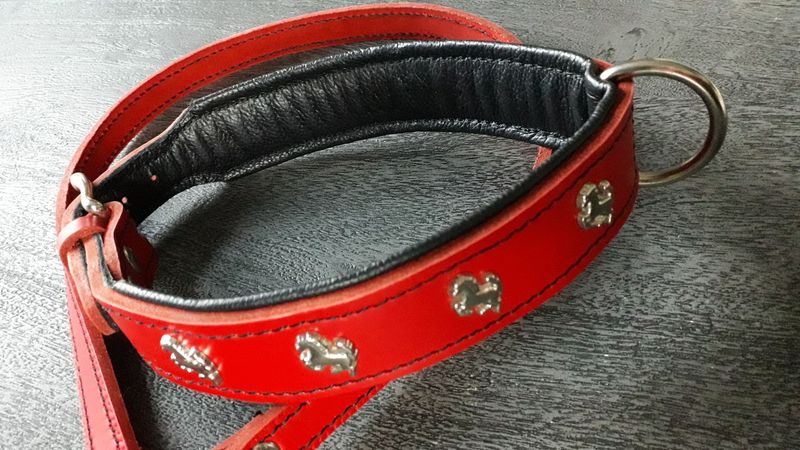 Set Leder Halsband und Leine rot-schwarz mit Pferden