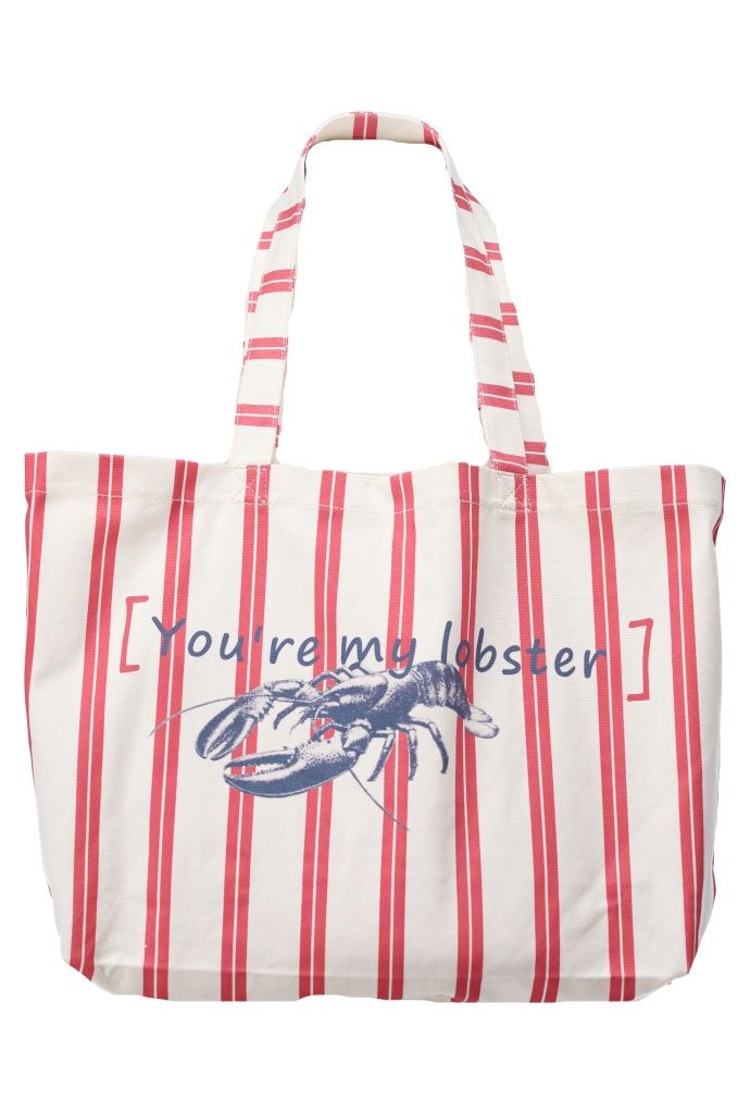 Gestreepte strandzak met kreeft, Color: RED